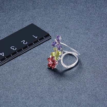 Colorful Gemstone Flower Ring 925 Sterling Silver – Luxury Adjustable Ring