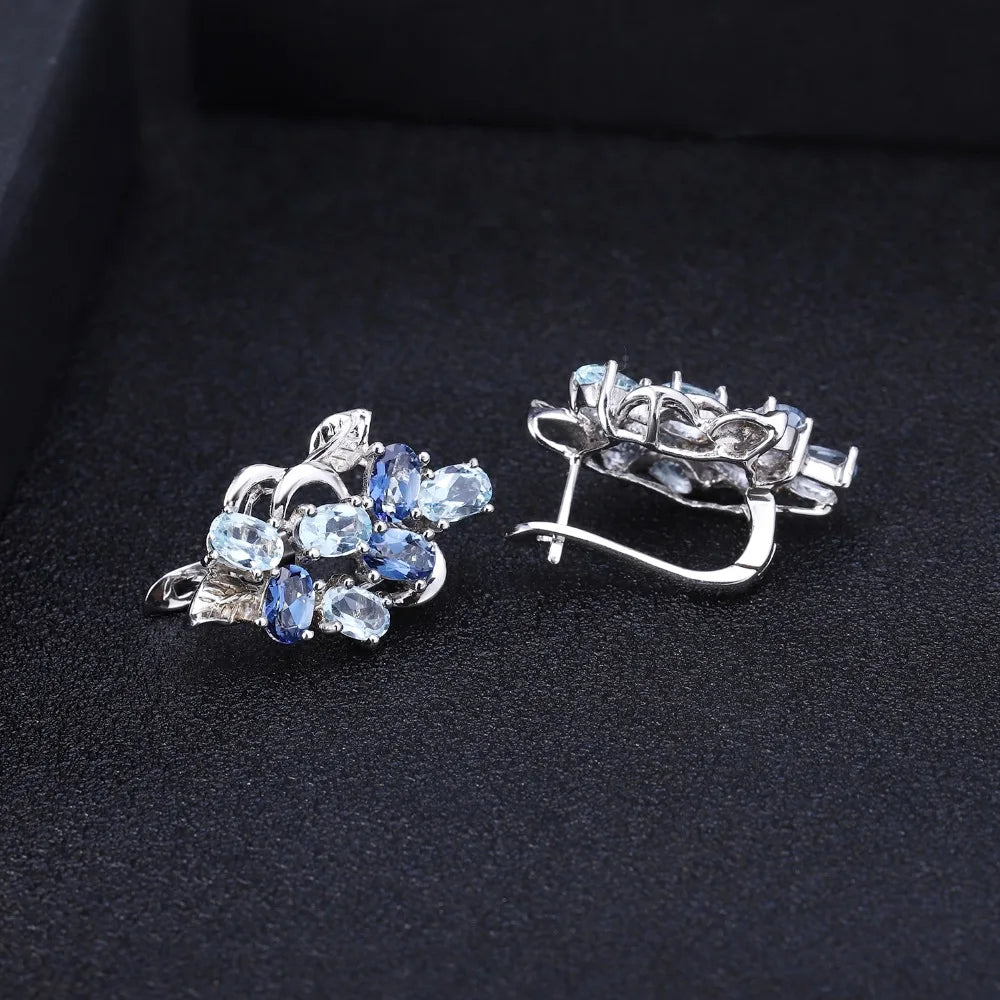 925 Sterling Silver Stud Earrings  - Sky Blue Topaz & Mystic Quartz Floral Design