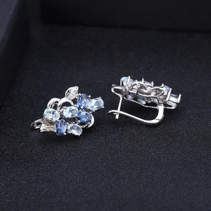 925 Sterling Silver Stud Earrings  - Sky Blue Topaz & Mystic Quartz Floral Design