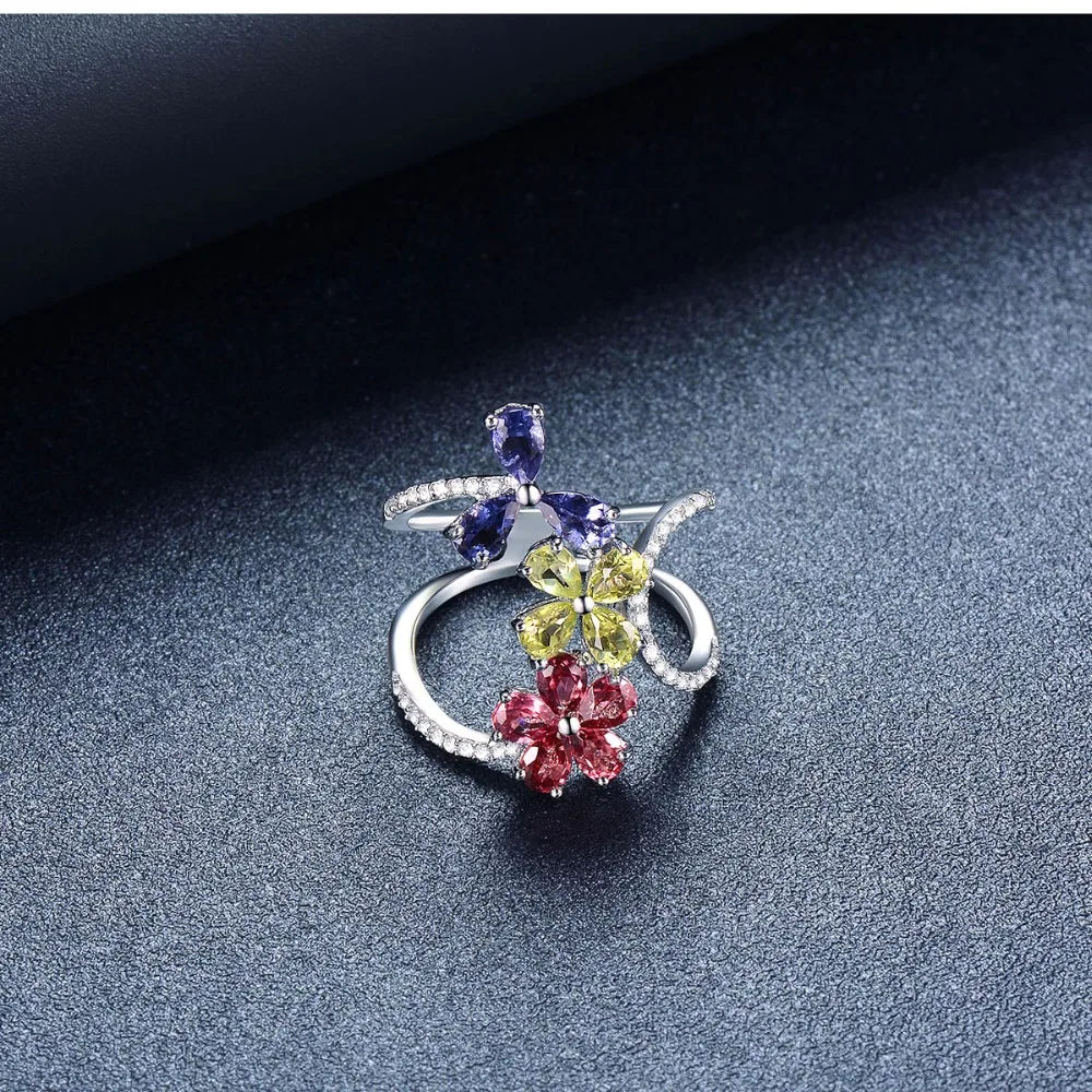 Colorful Gemstone Flower Ring 925 Sterling Silver – Luxury Adjustable Ring