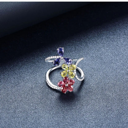 Colorful Gemstone Flower Ring 925 Sterling Silver – Luxury Adjustable Ring