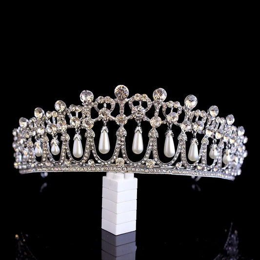 Princess Diana-Inspired Luxury Tiara – Vintage Silver Crown with Crystals & Pearls for Brides and Queens