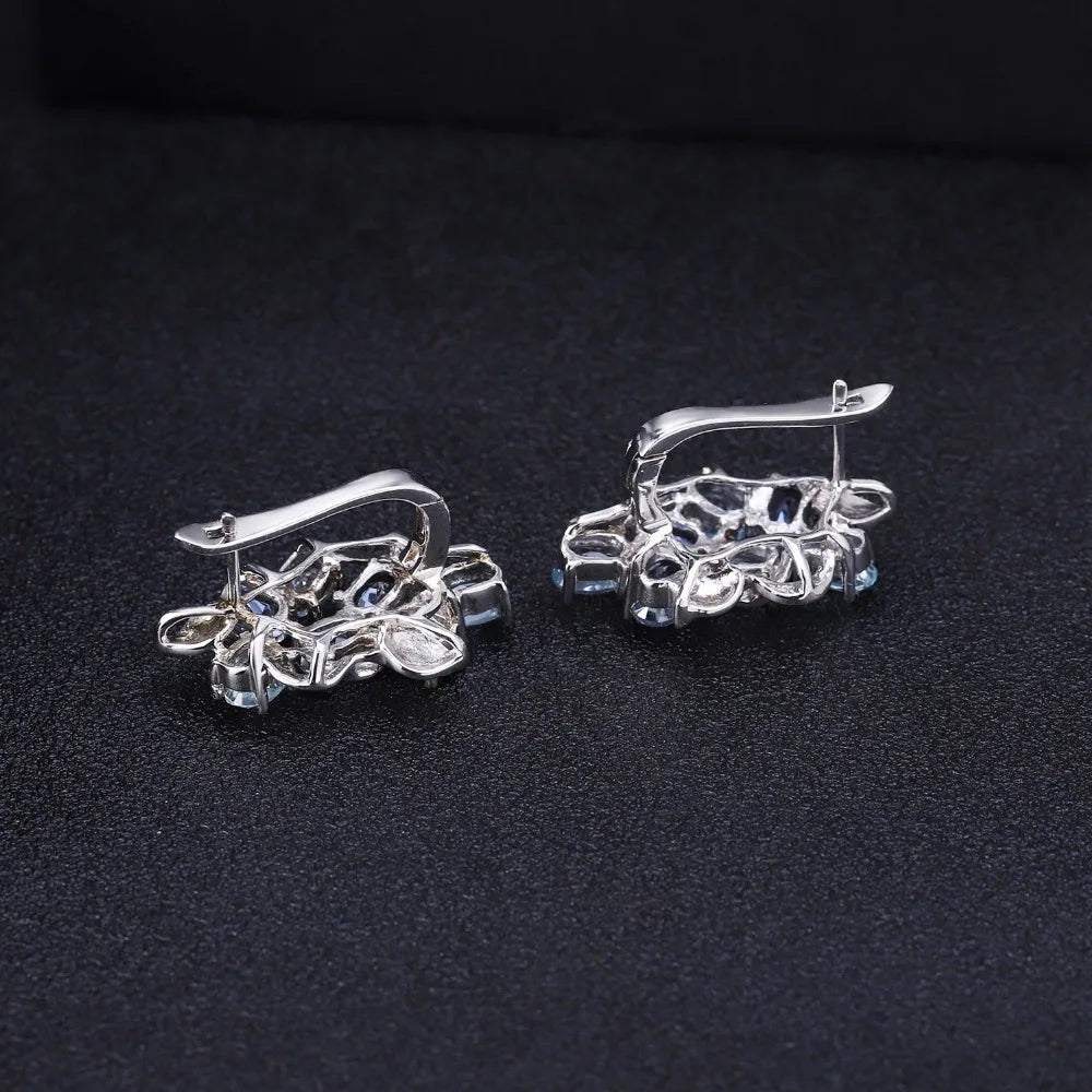 925 Sterling Silver Stud Earrings  - Sky Blue Topaz & Mystic Quartz Floral Design