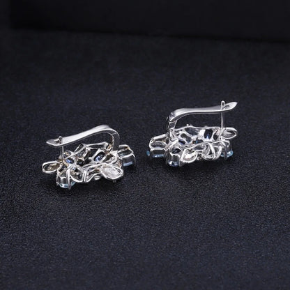 925 Sterling Silver Stud Earrings  - Sky Blue Topaz & Mystic Quartz Floral Design