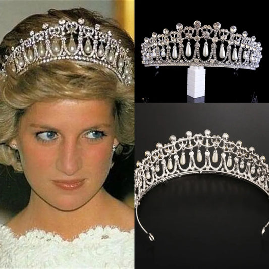 Princess Diana-Inspired Luxury Tiara – Vintage Silver Crown with Crystals & Pearls for Brides and Queens