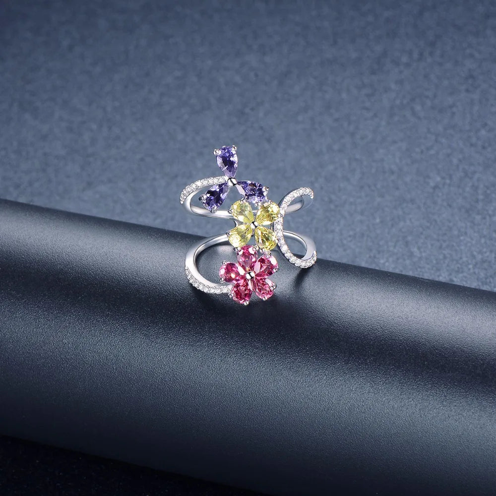 Colorful Gemstone Flower Ring 925 Sterling Silver – Luxury Adjustable Ring
