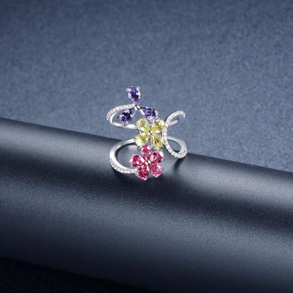 Colorful Gemstone Flower Ring 925 Sterling Silver – Luxury Adjustable Ring