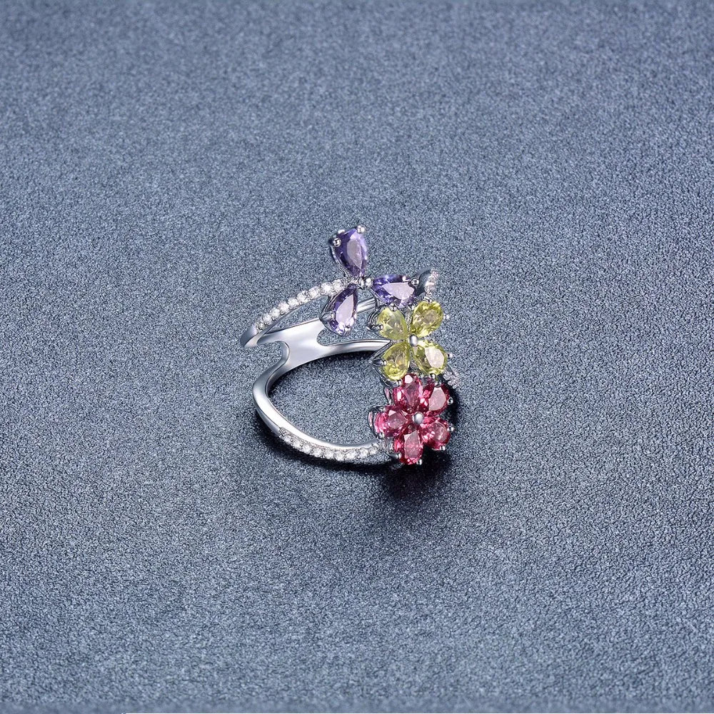 Colorful Gemstone Flower Ring 925 Sterling Silver – Luxury Adjustable Ring