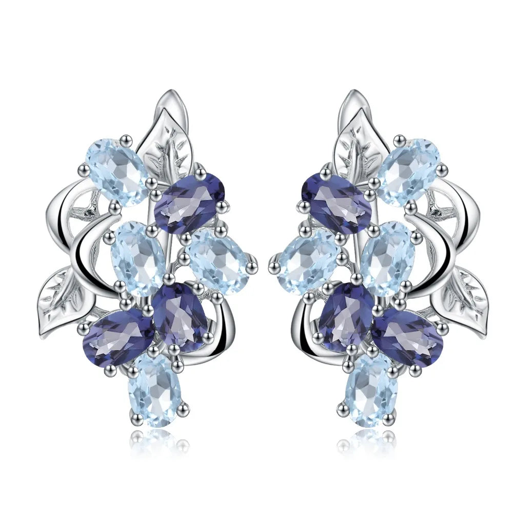 925 Sterling Silver Stud Earrings  - Sky Blue Topaz & Mystic Quartz Floral Design