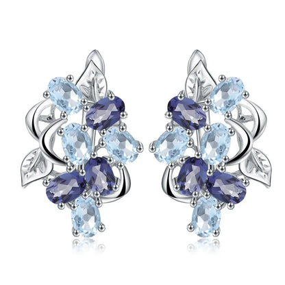 925 Sterling Silver Stud Earrings  - Sky Blue Topaz & Mystic Quartz Floral Design