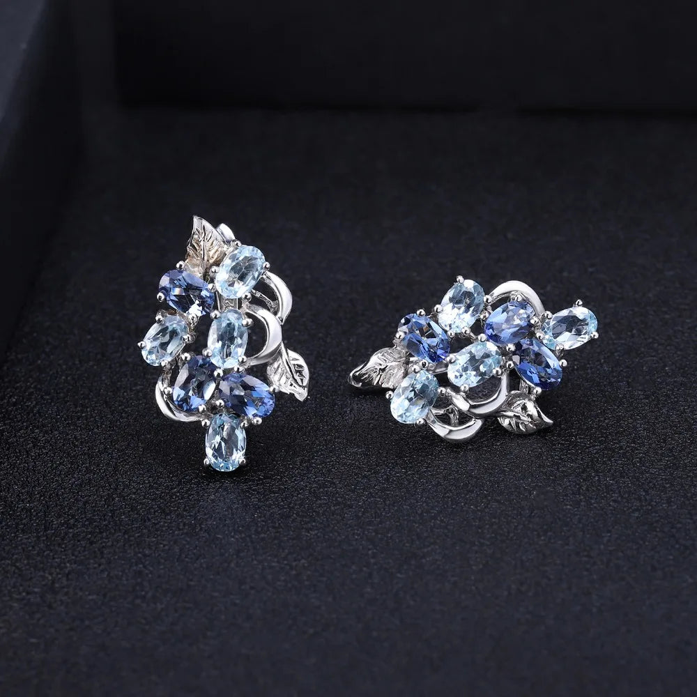 925 Sterling Silver Stud Earrings  - Sky Blue Topaz & Mystic Quartz Floral Design