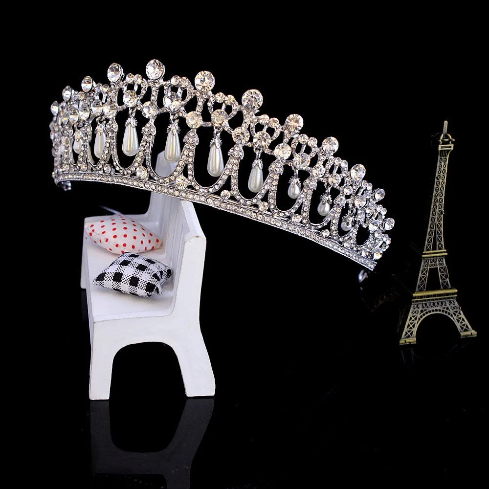 Princess Diana-Inspired Luxury Tiara – Vintage Silver Crown with Crystals & Pearls for Brides and Queens