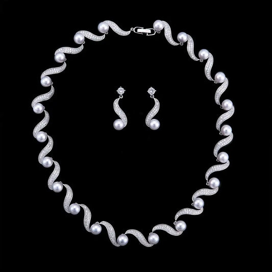 Luxury Pearl & Cubic Zirconia Jewelry Set – Bridal Necklace & Earrings for Weddings & Parties