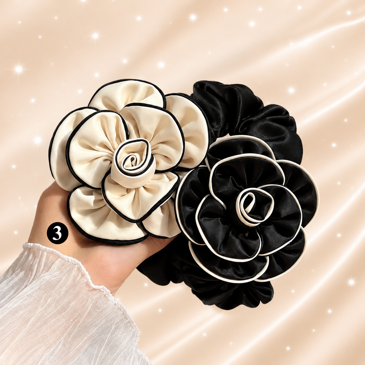 Satin Rose Scrunchie – Chic Floral Hair Tie