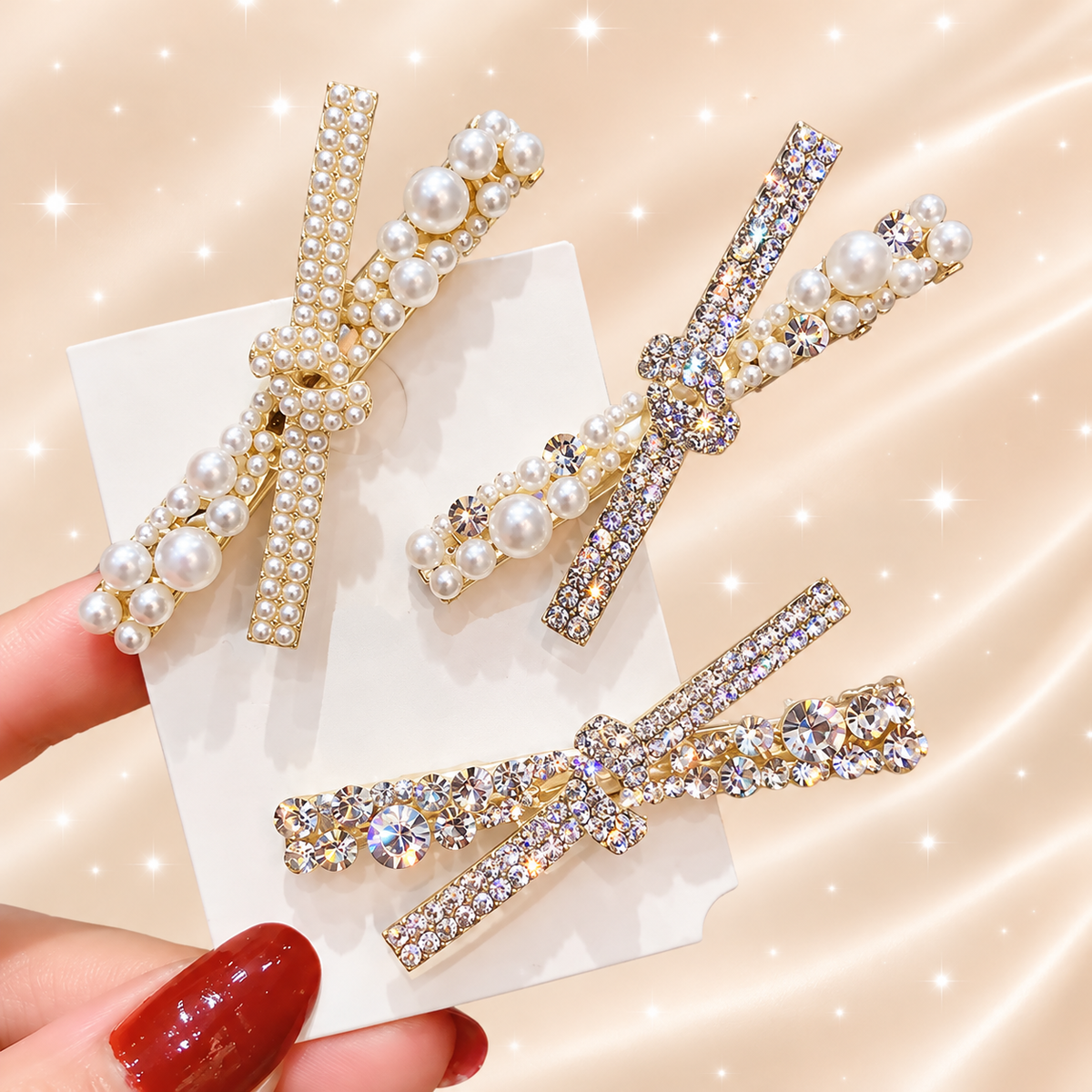 Pearl & Rhinestone Bow Hair Clips
