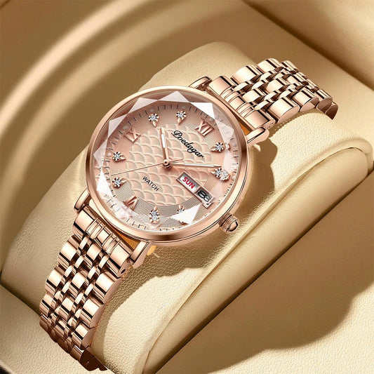 Elegant Rose Gold Women’s Watch – Waterproof Stainless Steel Luxury Bracelet with Luminous Dial