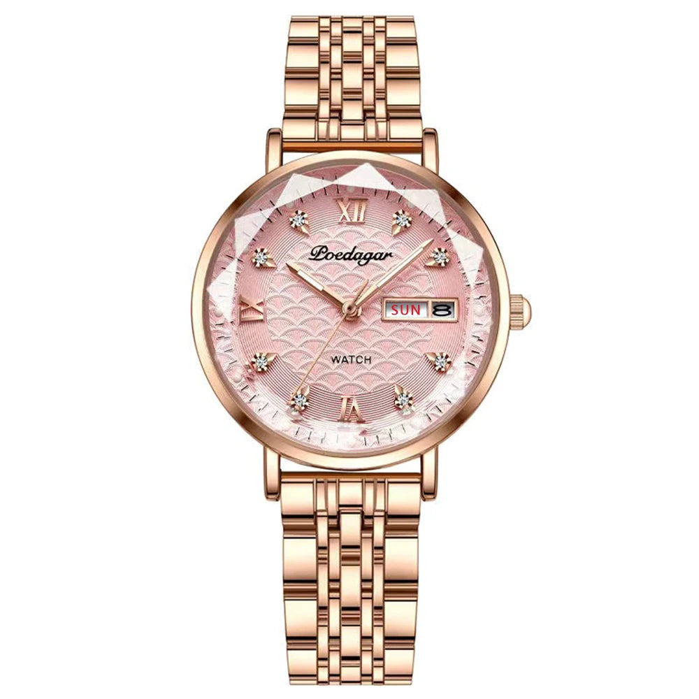 Elegant Rose Gold Women’s Watch – Waterproof Stainless Steel Luxury Bracelet with Luminous Dial