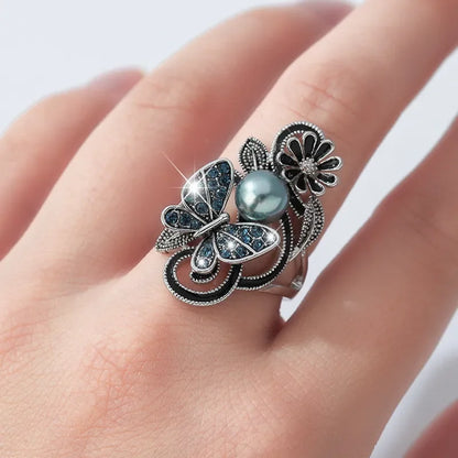 Elegant Blue Pearl Butterfly Ring – Artistic Floral Design for Women