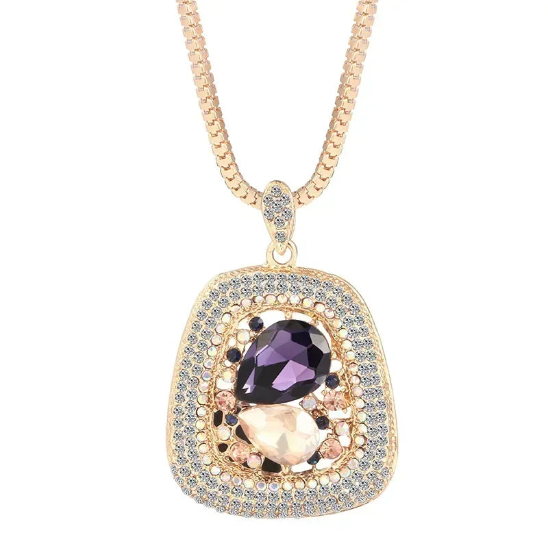Elegant Crystal Pendant Necklace – Long Chain, Square Charm, Semi-Precious Stone, Timeless Women’s Jewelry
