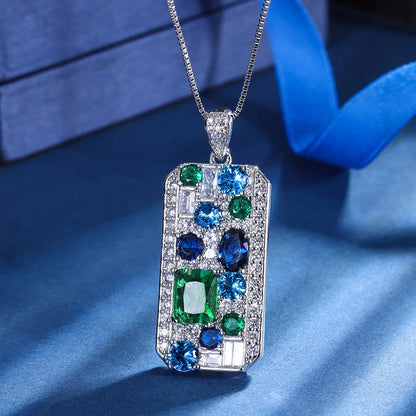 Blue Green Cubic Zirconia Silver Pendant Necklace