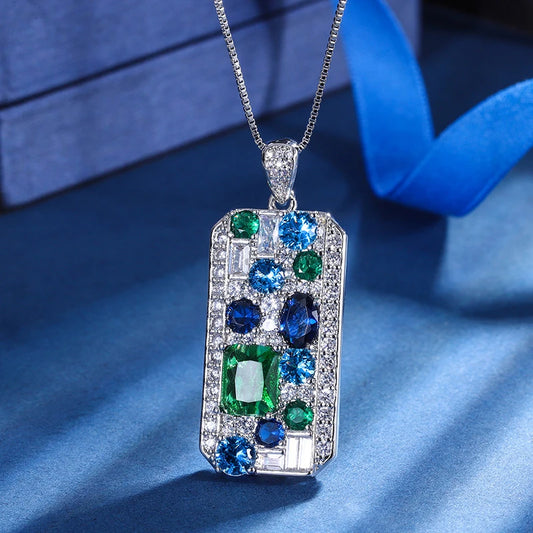 Blue Green Cubic Zirconia Silver Pendant Necklace