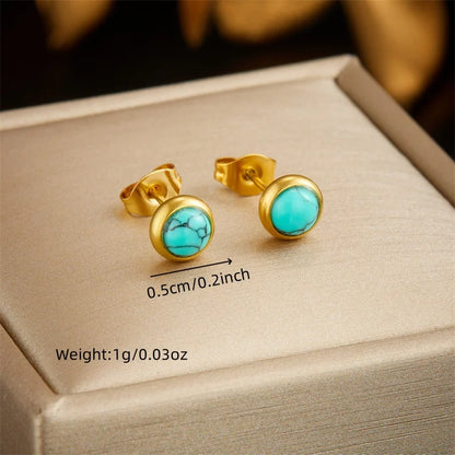 Stainless Steel Round Turquoise Necklace Bracelet Earrings Suit For Womens  TrendNon-fading jewelry Set