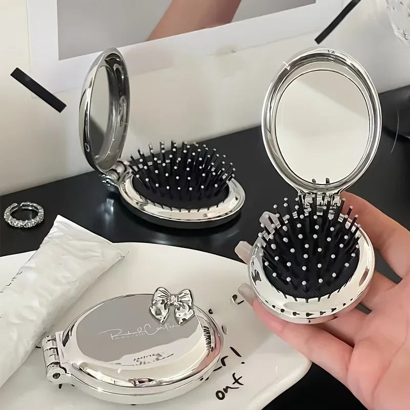 Portable Mini Hair Brush with Mirror – Compact Purse-Friendly Comb