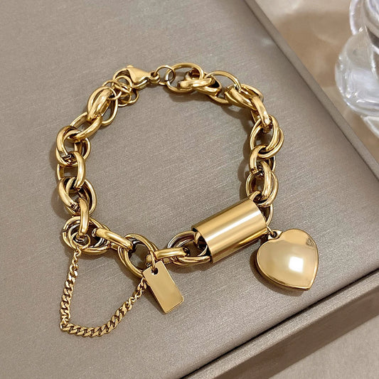 Bold Heart Lock Bracelet – Chunky Gold Plated Stainless Steel Chain | Modern Statement Jewelry