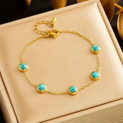 Stainless Steel Round Turquoise Necklace Bracelet Earrings Suit For Womens  TrendNon-fading jewelry Set