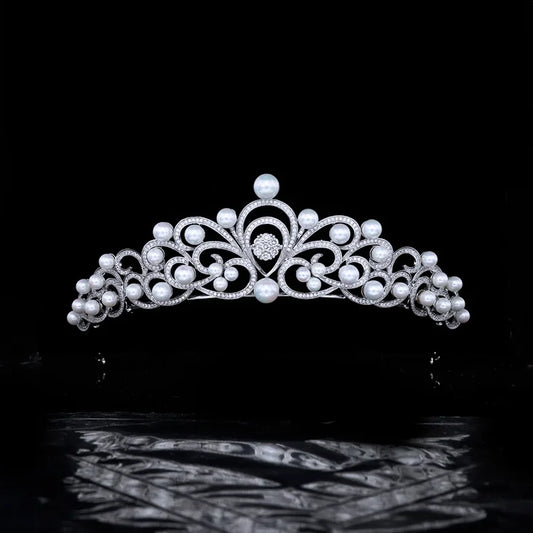 Elegant Royal Wedding Crown with Baroque Design – Pearl & Zircon Tiara for Brides