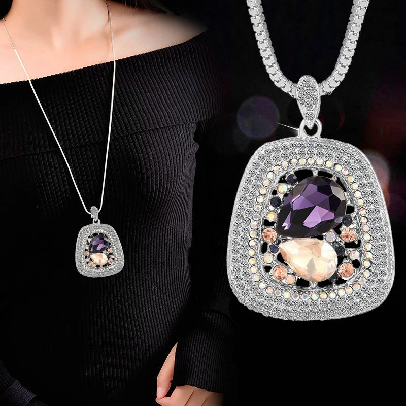 Elegant Crystal Pendant Necklace – Long Chain, Square Charm, Semi-Precious Stone, Timeless Women’s Jewelry