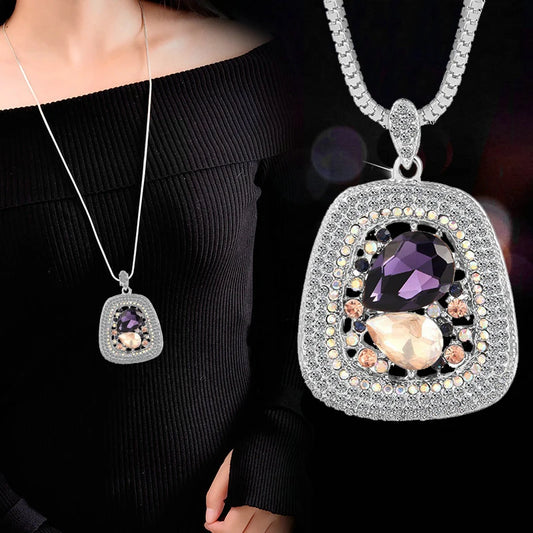 Elegant Crystal Pendant Necklace – Long Chain, Square Charm, Semi-Precious Stone, Timeless Women’s Jewelry