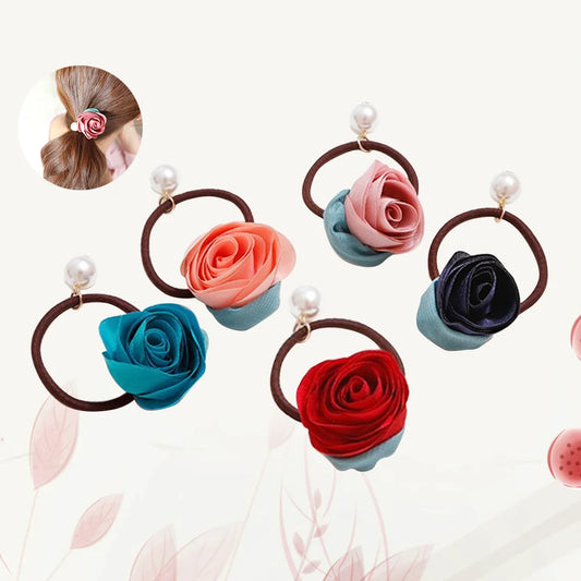 5pcs Elegant Rose Hair Ties – Premium Floral Hair Accessories with Pearl Detail