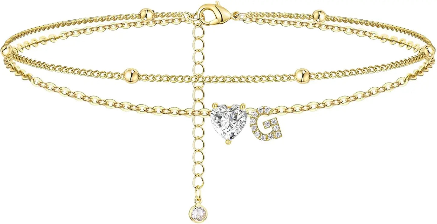 14K Gold Plated Anklet with Initial & CZ Stones – Trendy Elegant Design for a Glamorous Look
