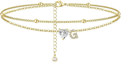 14K Gold Plated Anklet with Initial & CZ Stones – Trendy Elegant Design for a Glamorous Look