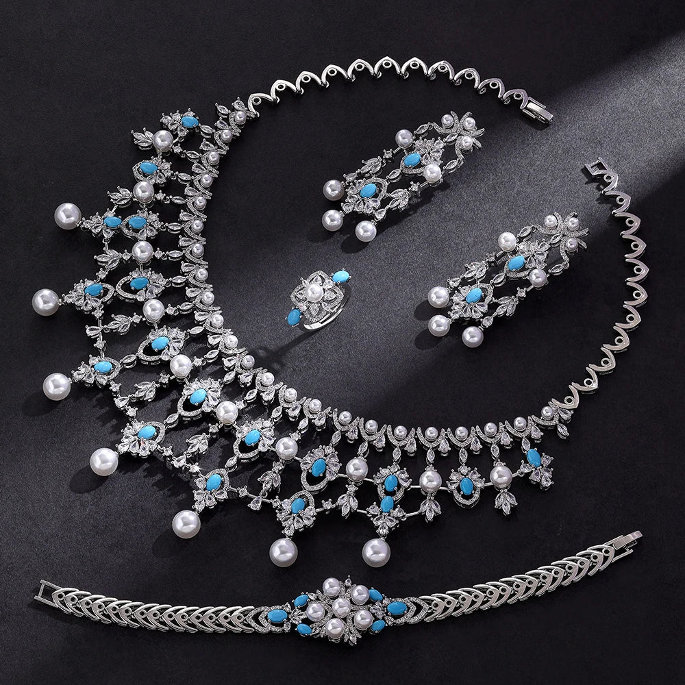 Luxury Pearl  Jewelry Set - CZ Crystal Necklace, Earrings, Ring & Bracelet For Women Perfect for Special Occasions