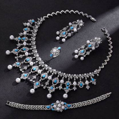 Luxury Pearl  Jewelry Set - CZ Crystal Necklace, Earrings, Ring & Bracelet For Women Perfect for Special Occasions