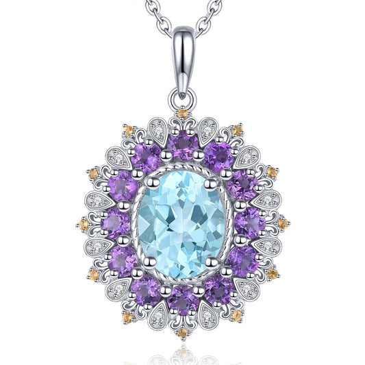 Elegant Oval Sky Blue Topaz & Amethyst Pendant – 925 Sterling Silver | Colorful Luxury Gemstone Necklace