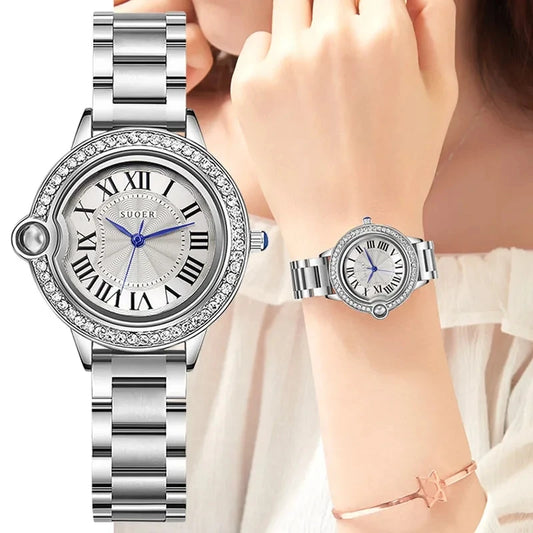 Luxury Silver Quartz Women’s Watch – Stainless Steel, Diamond Bezel, Waterproof Elegant Design