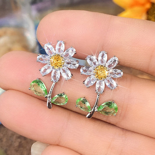 Luxury Daisy Flower Zircon Earrings with Green Leaf Design – Trendy CZ Studs for Women