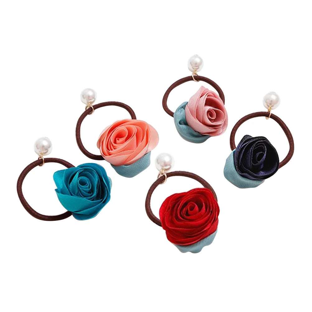 5pcs Elegant Rose Hair Ties – Premium Floral Hair Accessories with Pearl Detail