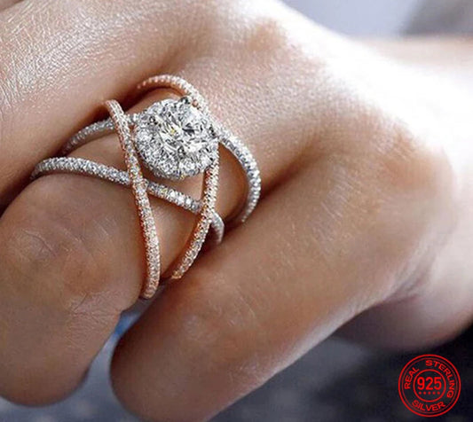 Luxury Rose Gold Zircon Weave Ring – 925 Sterling Silver Statement Band for Women