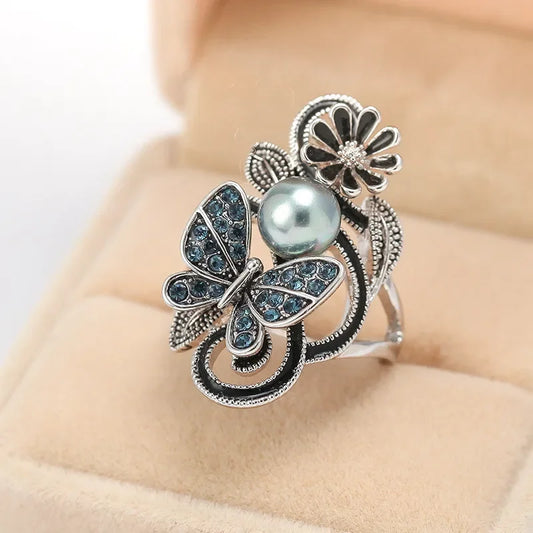 Elegant Blue Pearl Butterfly Ring – Artistic Floral Design for Women