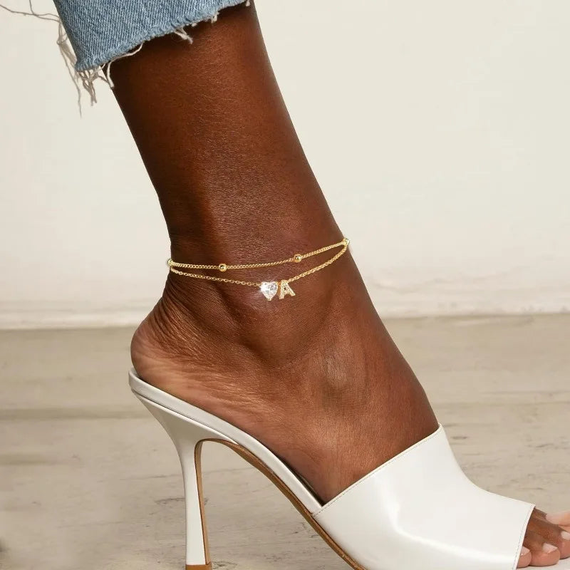14K Gold Plated Anklet with Initial & CZ Stones – Trendy Elegant Design for a Glamorous Look