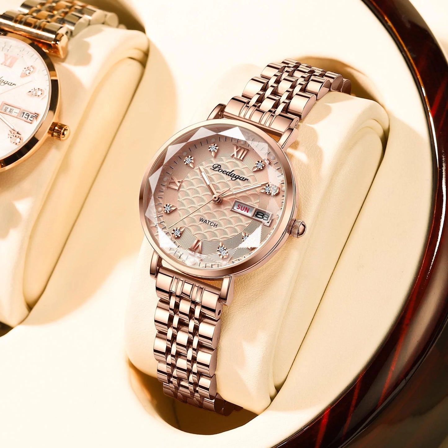 Elegant Rose Gold Women’s Watch – Waterproof Stainless Steel Luxury Bracelet with Luminous Dial