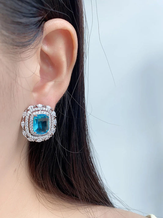 Luxury Square Zircon Stud Earrings – Elegant Silver-Plated Jewelry for Women, Weddings & Parties