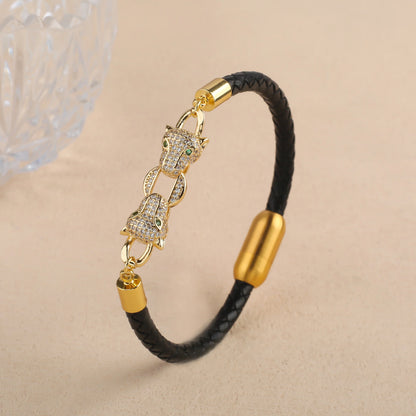 Luxury Leopard Head Leather Bracelet – Stainless Steel Magnetic Clasp & Sparkling Zircon