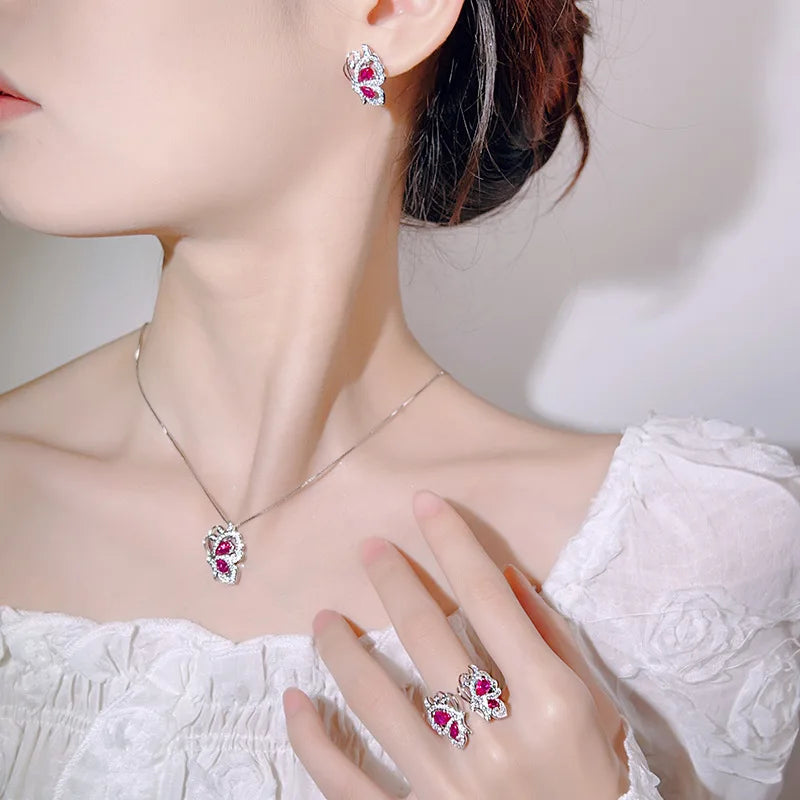 Luxury Ruby Butterfly Zircon Jewelry Set – Necklace Earrings & Ring