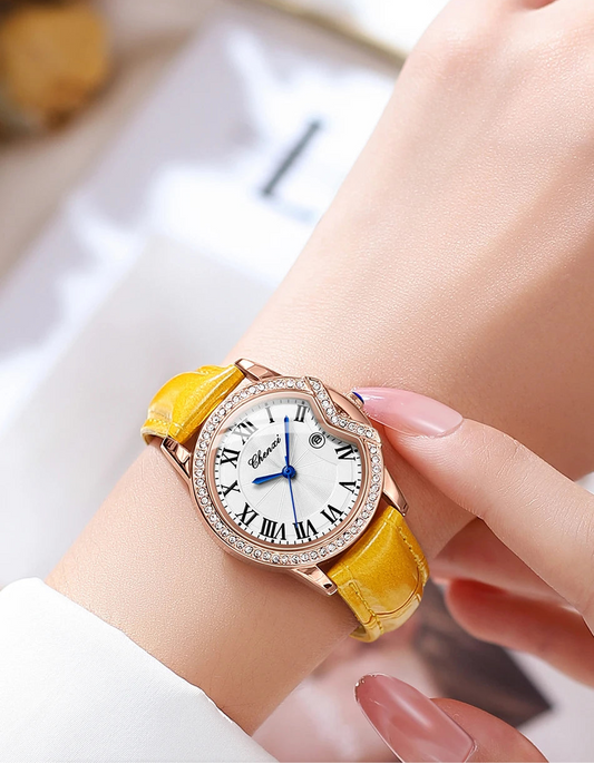 Elegant Crystal Women’s Watch – Premium Leather Strap & Classic Roman Dial