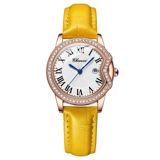 Elegant Crystal Women’s Watch – Premium Leather Strap & Classic Roman Dial